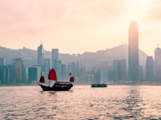 the Dukling boat cruising the Victoria Harbour Hong Kong
