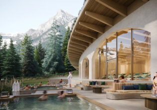 The new thermal pools with a backdrop of the Canadian Rockies at BASIN Glacial Waters