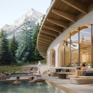 The new thermal pools with a backdrop of the Canadian Rockies at BASIN Glacial Waters