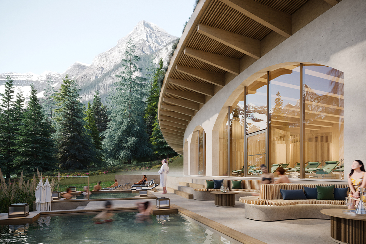 The new thermal pools with a backdrop of the Canadian Rockies at BASIN Glacial Waters