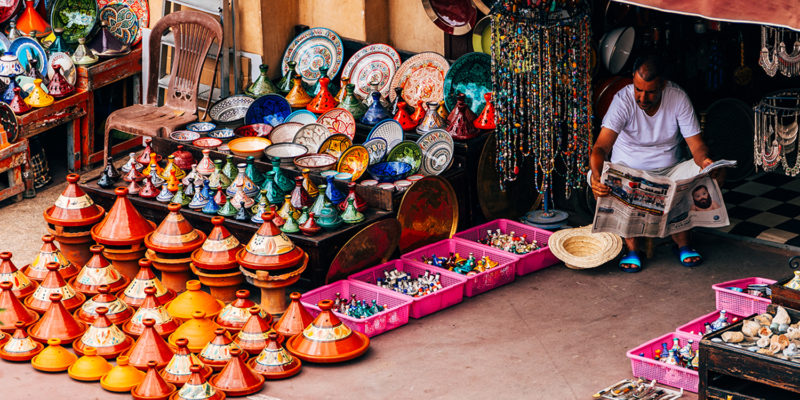 Street vendor selling moroccan handicrafts at Marrakech Medina