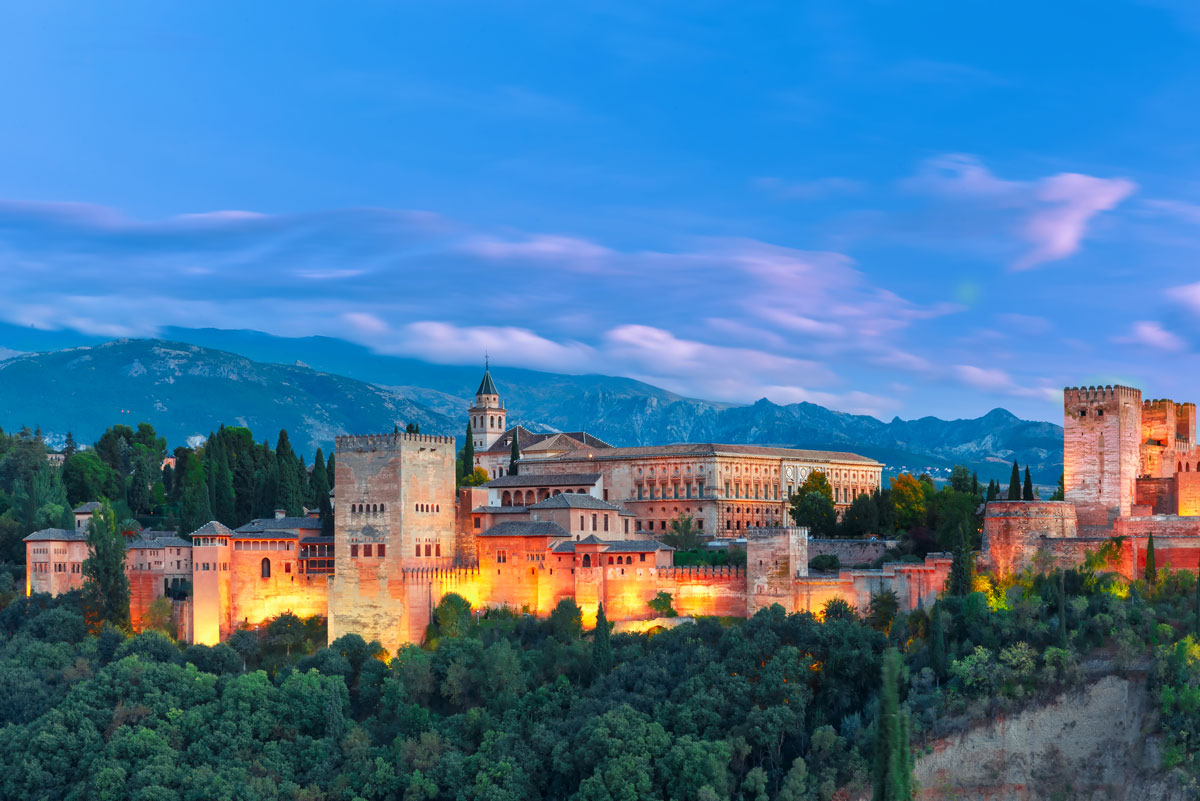 Alhambra during evening blue hour in Granada, Andalusia, Spain