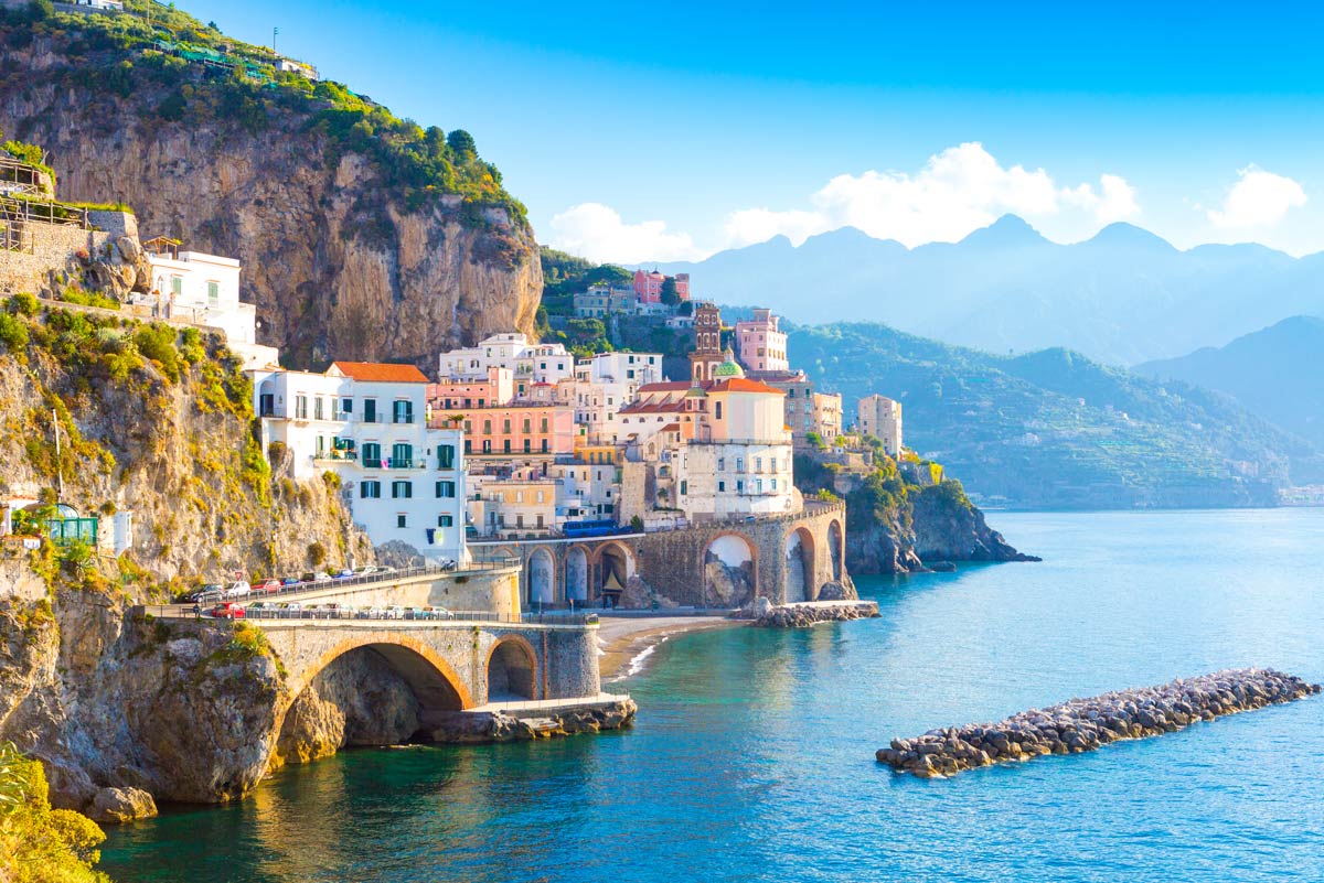 Morning view of Amalfi cityscape on coast line of mediterranean sea, Italy