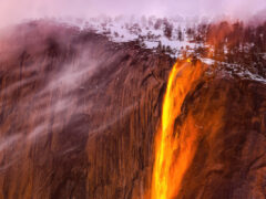 An aerial of Yosemite Horsetail Fire Falls