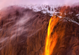 An aerial of Yosemite Horsetail Fire Falls