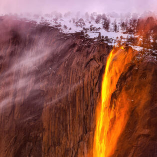 An aerial of Yosemite Horsetail Fire Falls
