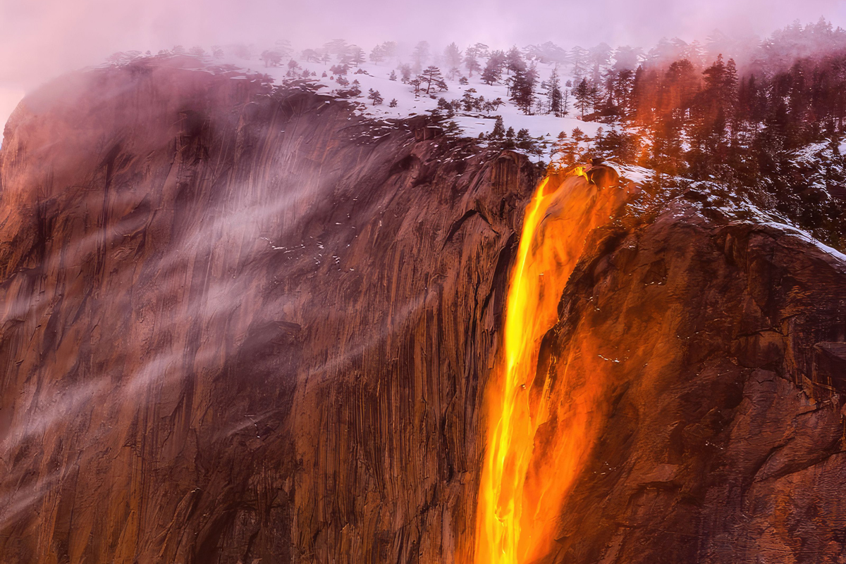 An aerial of Yosemite Horsetail Fire Falls