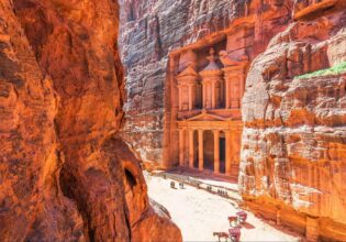 the rock-carved facade of The Treasury, Petra, Jordan