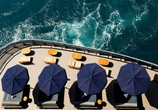 Aerial shot of cruise ship umbrellas