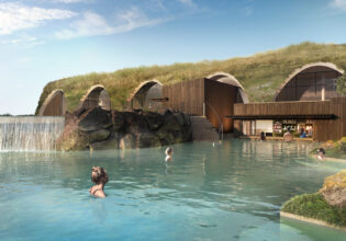 A render of the waterfall and swim-up bar in the Lower Lagoon of Iceland's newest geothermal bathing house