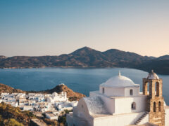 a church on the top of the hill in Milos, Greece