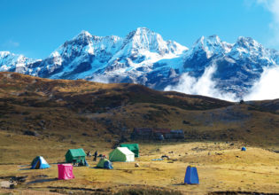 Camping at the base of Mount Kanchenjunga.
