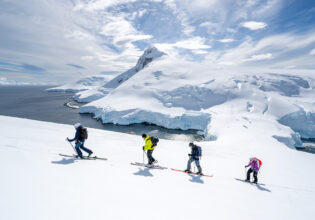 tour group skiing in antarctica with aurora