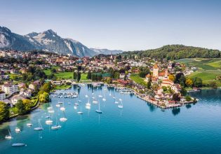 Spiez castle by lake Thun in Canton of Bern, Switzerland